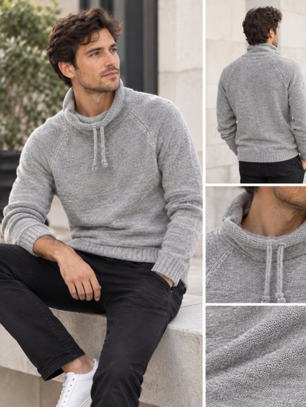 Bershka Mens Cozy Raglan Gray Turtleneck Funnel Neck Sweater